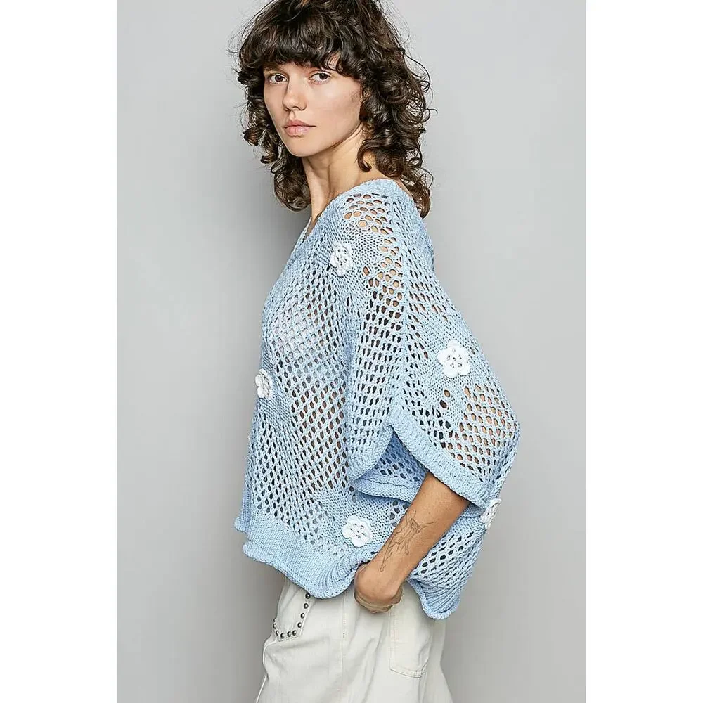 "Bloomin' Filly" Floral Patch Open Sweater Top Black - Picture 5 of 16